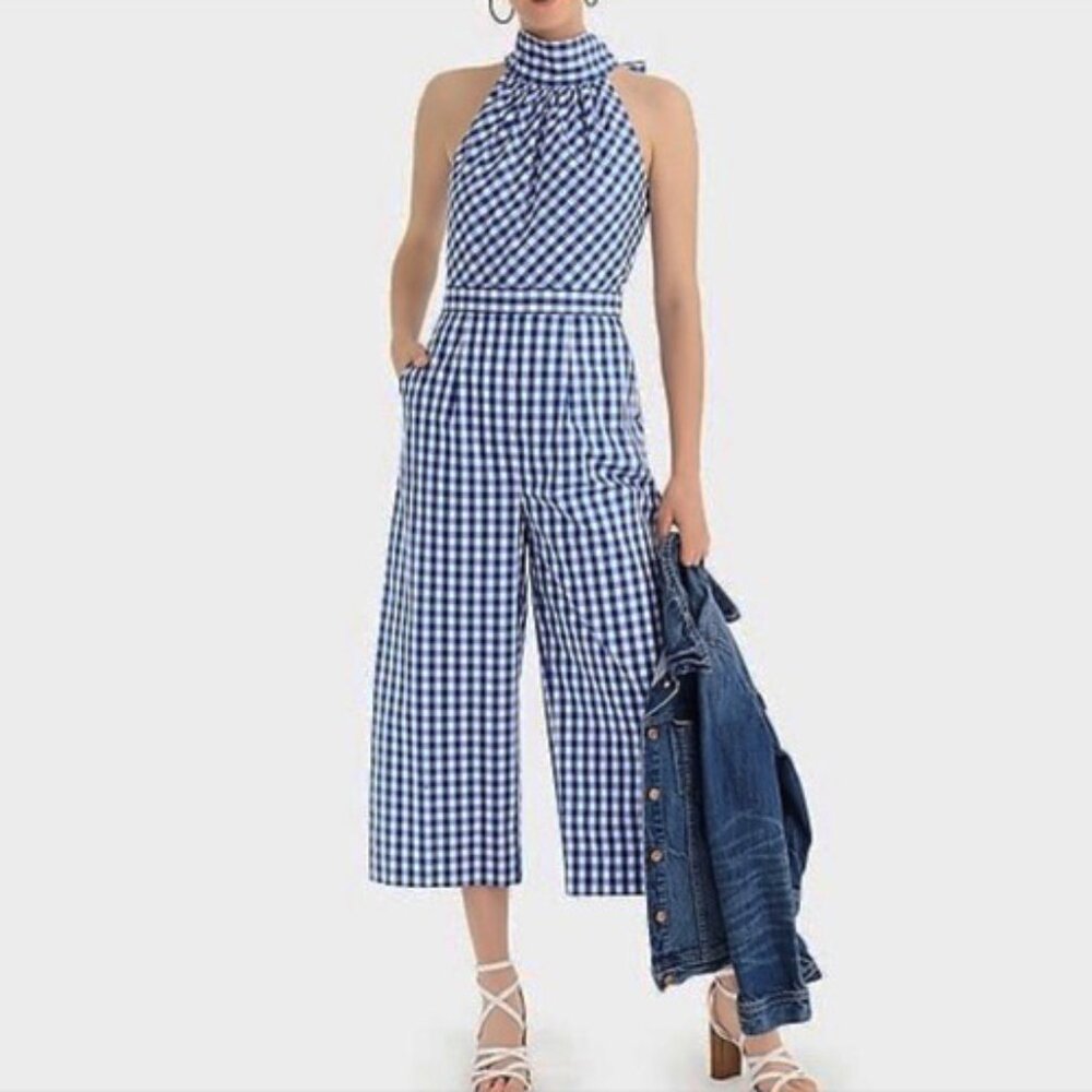 J. Crew Blue and White Bow Back Jumpsuit